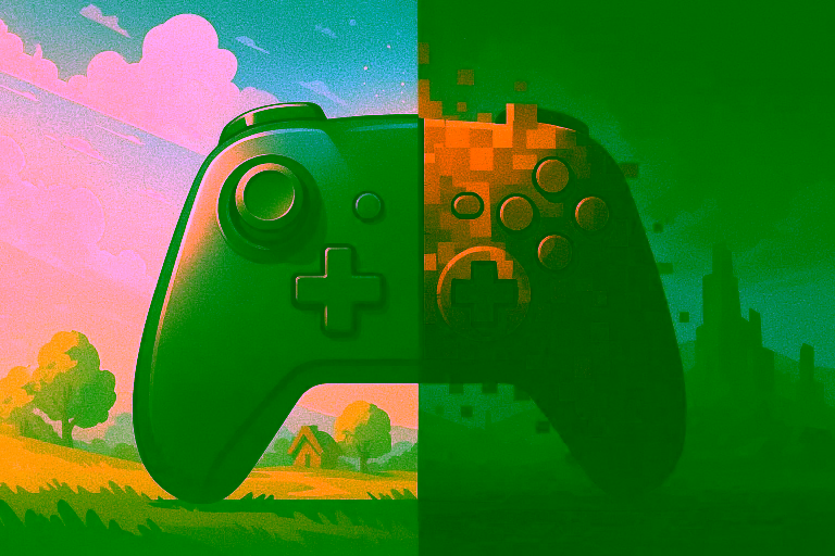 A stylized illustration of a gaming controller split down the middle, with the left side in a sunny, bright cartoon world and the right side in a dark, pixelated dystopian setting.