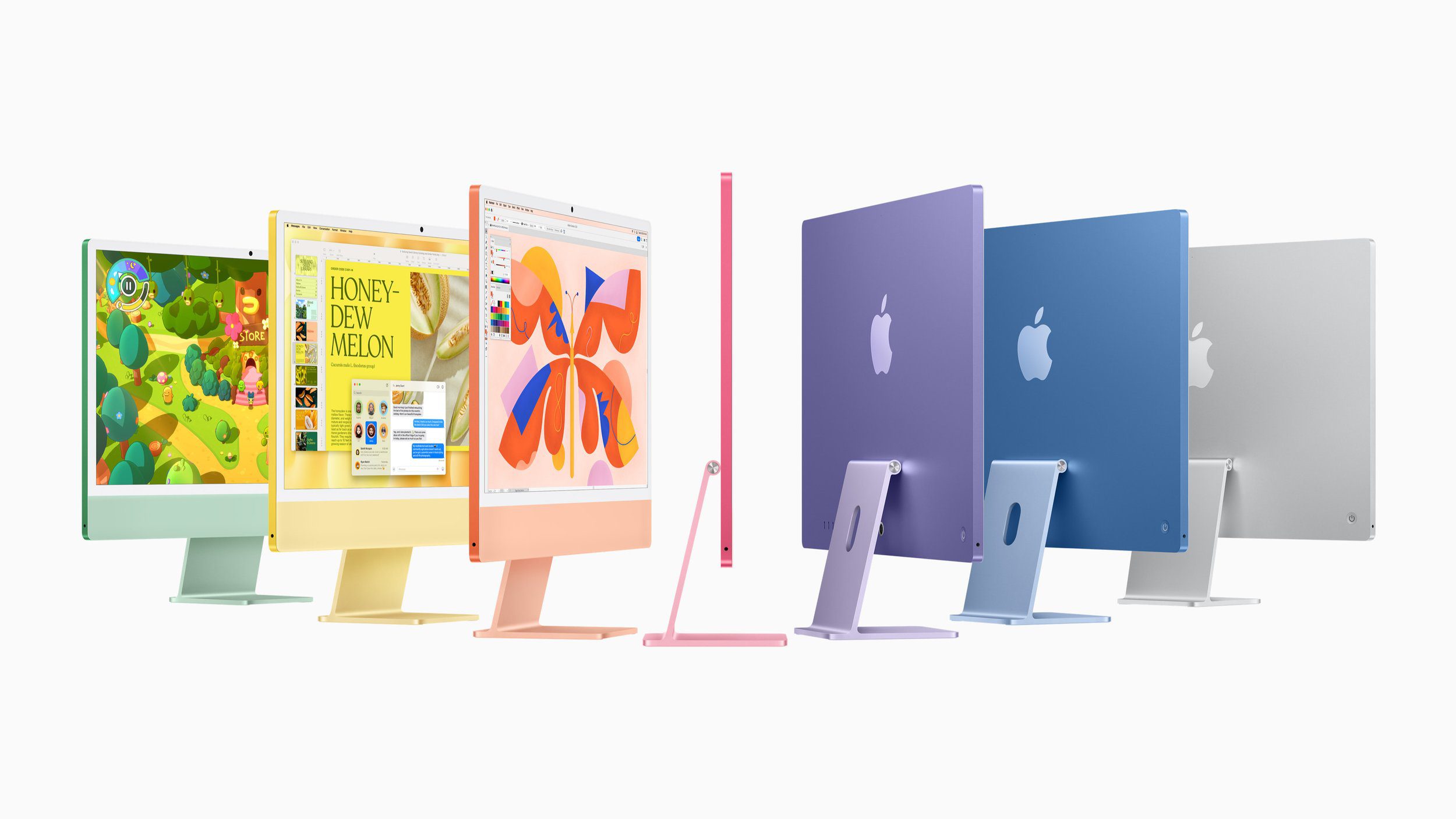 A lineup of colorful Apple iMac M4 computers displayed in various angles, showcasing their slim design and vibrant finishes