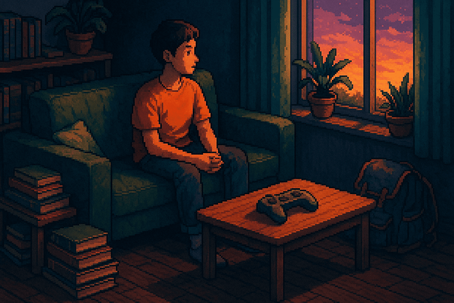 Pixel art depicting a boy sitting on a green couch with a game controller on a table in front of him.