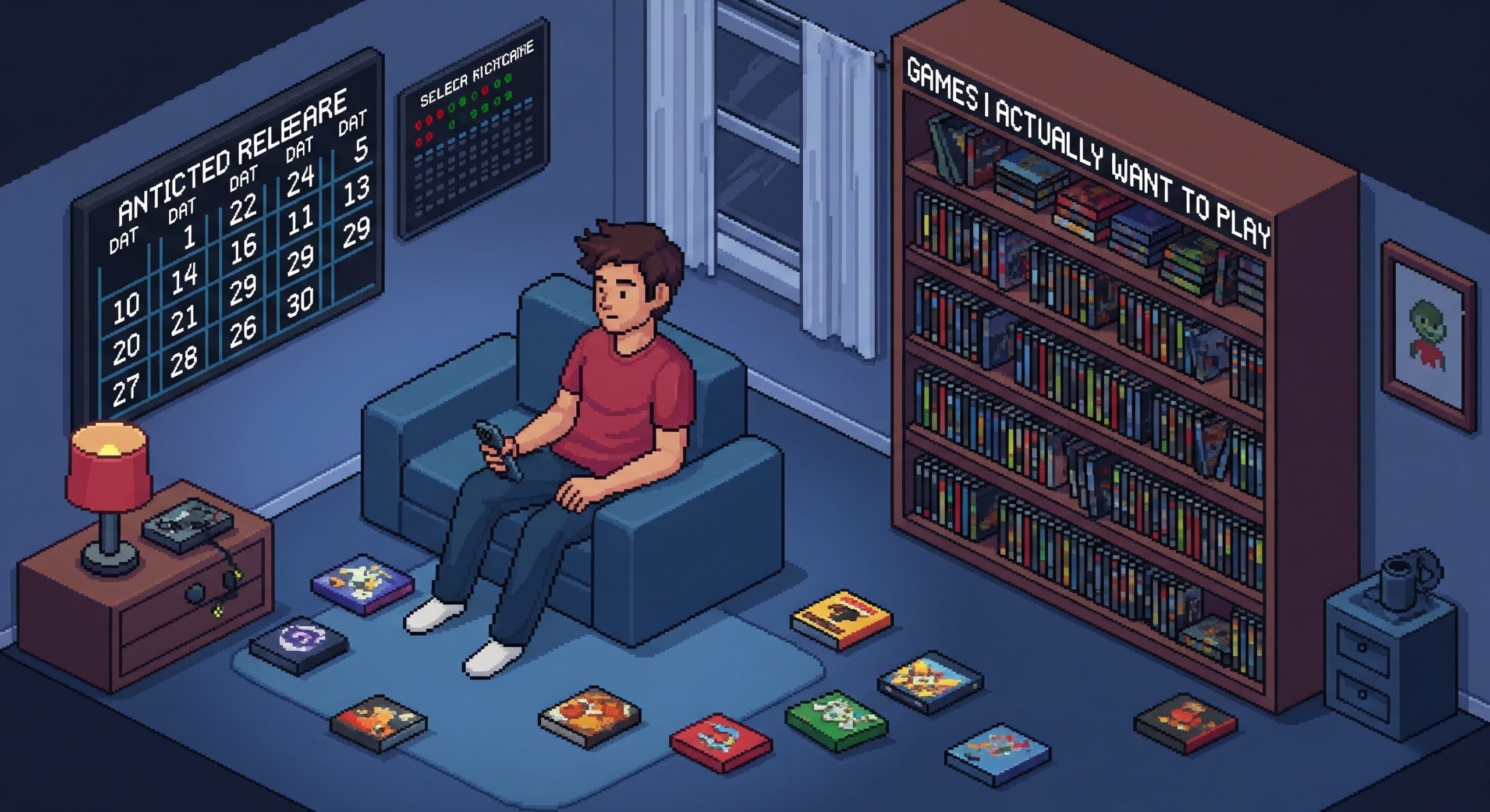 Isometric illustration of a person sitting on a couch with video games on the floor and a bookshelf in the background.