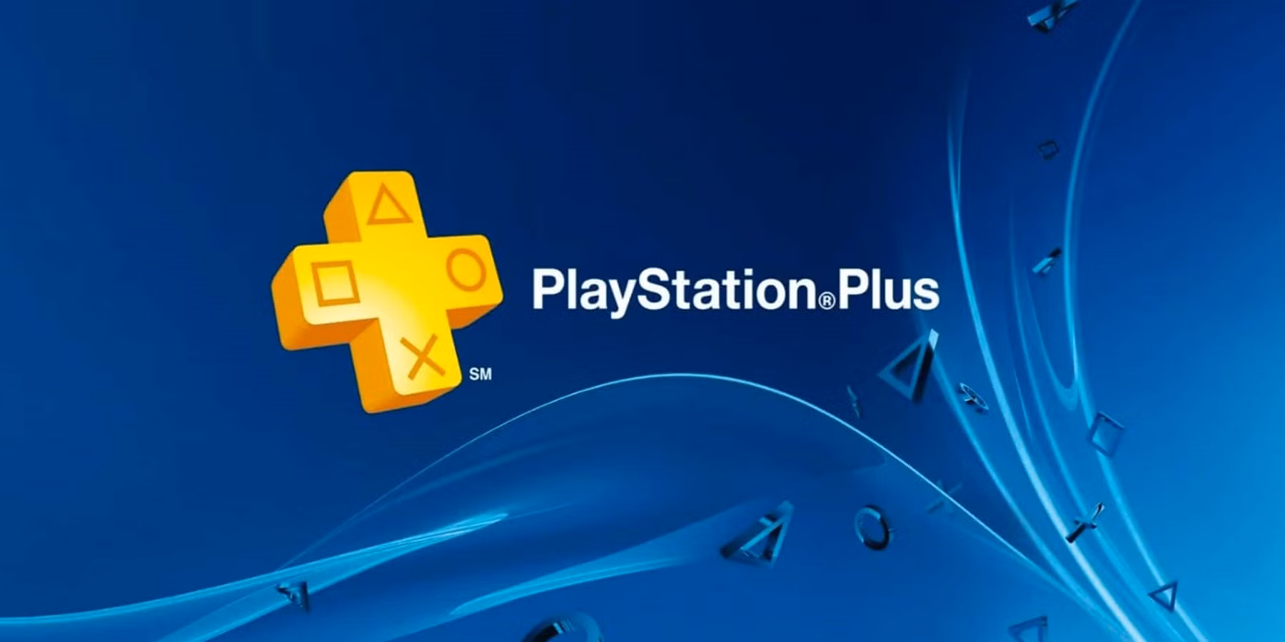 The PlayStation Plus logo and text are displayed against a blue background with flowing light trails and shapes.