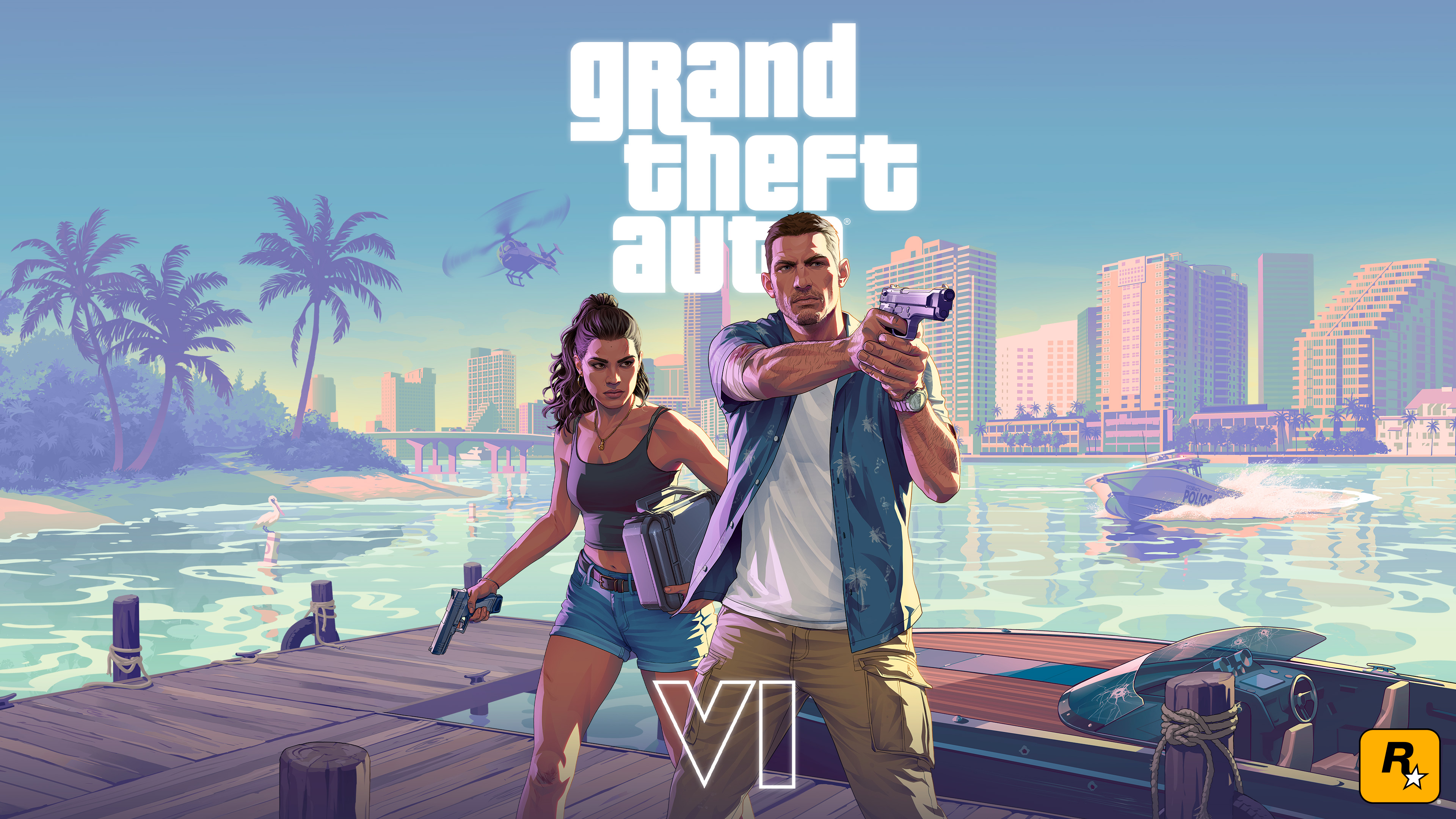 A man and woman hold handguns on a tropical dock for the Grand Theft Auto VI title screen.