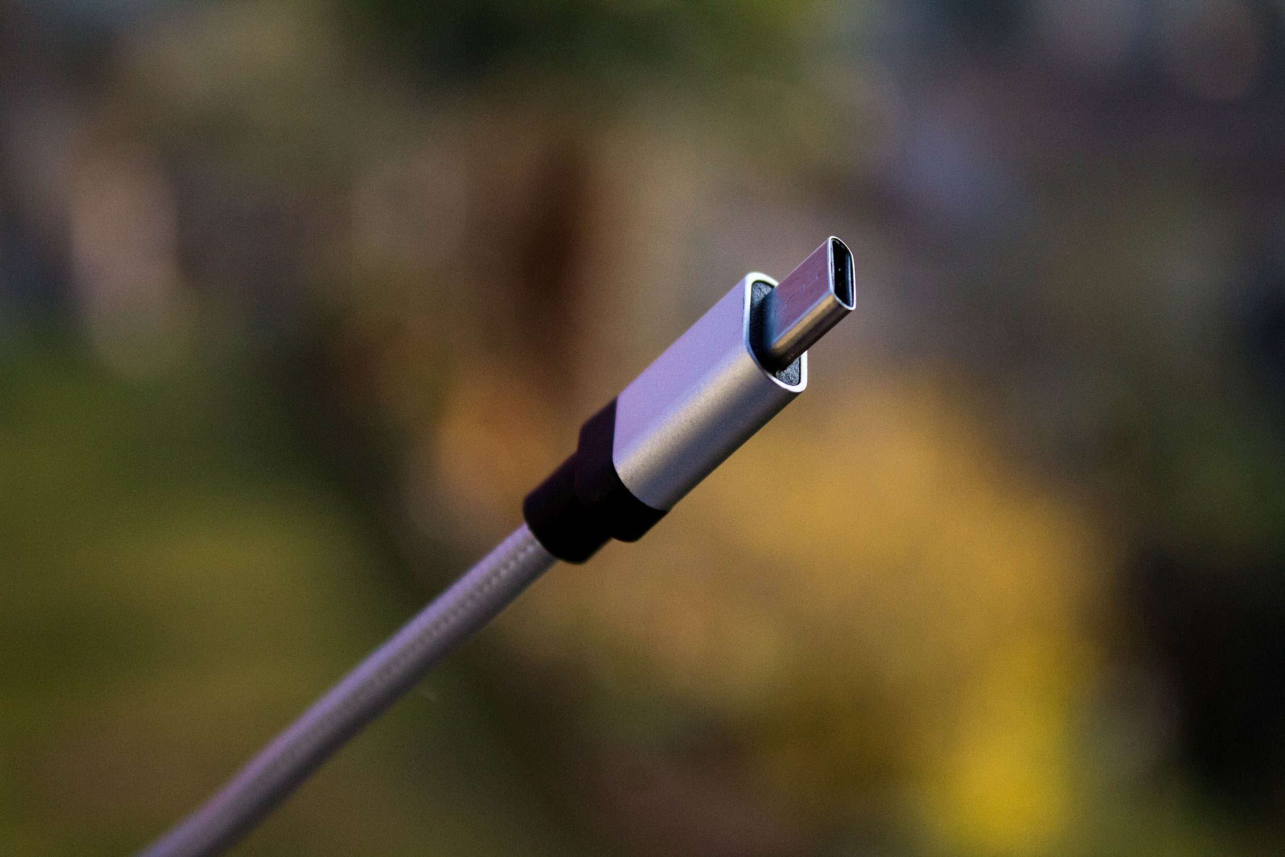 Macro shot of a USB-C cable with a braided sheath, held in front of a blurred nature background
