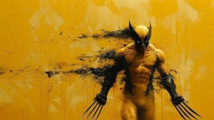 Wolverine stands with claws extended against a yellow background, with black paint splatters trailing from his body.
