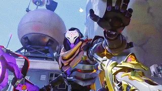A character from Overwatch in a dynamic action pose with a raised hand and detailed armor.