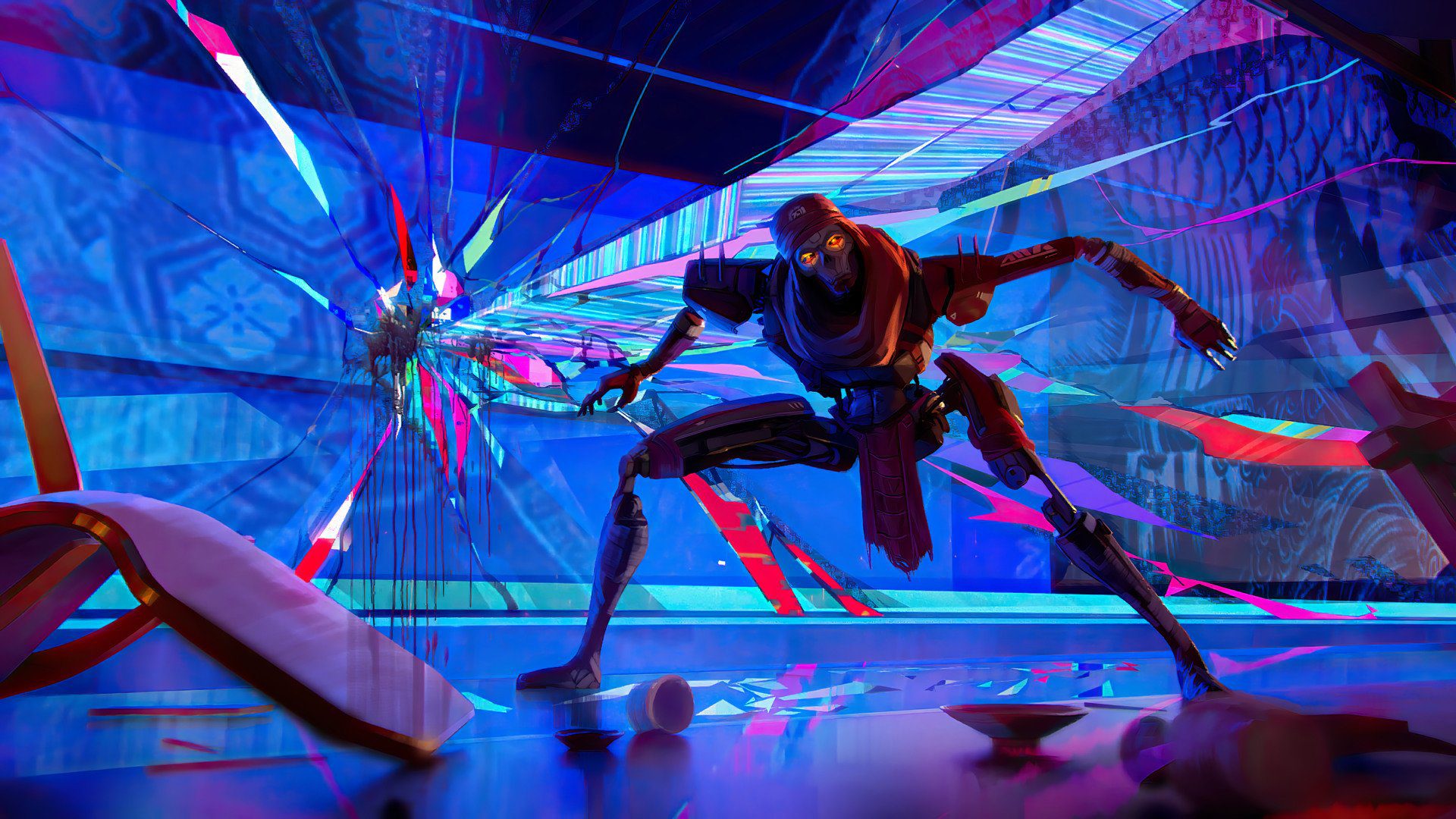 Apex Legends character Revenant in a shattered neon hallway, crouched in a menacing stance