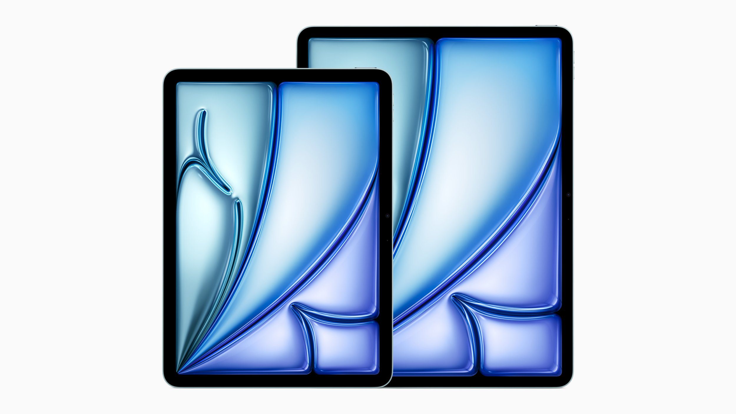 The 11-inch and 13-inch Apple iPad Air models shown side-by-side displaying a blue and purple abstract wallpaper.