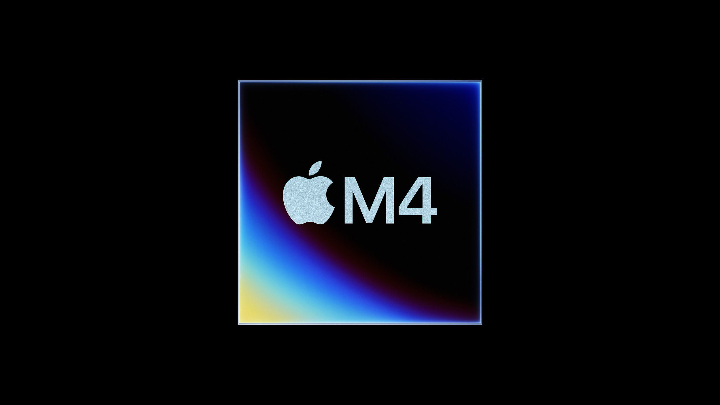 Graphic displaying the Apple logo and "M4" with a colorful gradient outline on a black background.