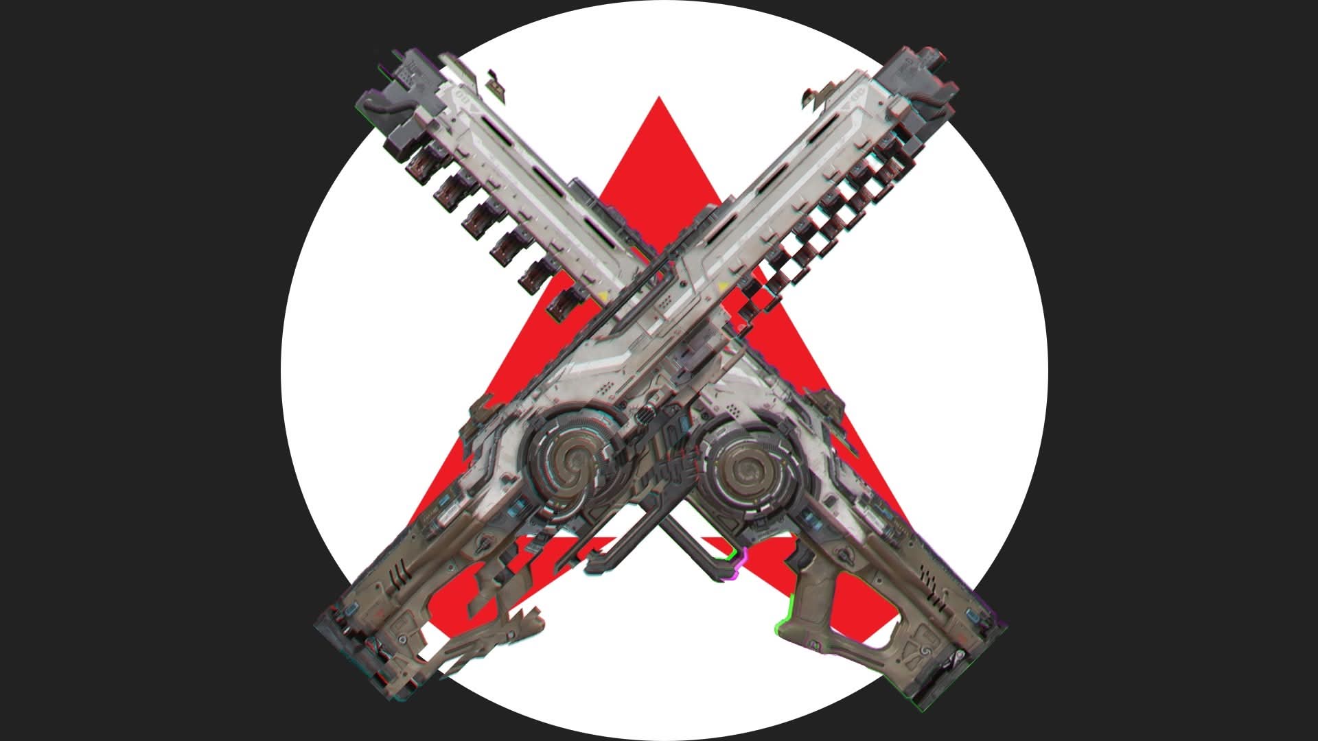 Graphic showing two futuristic weapons crossed over a red triangle and white circle on a split black and grey background.