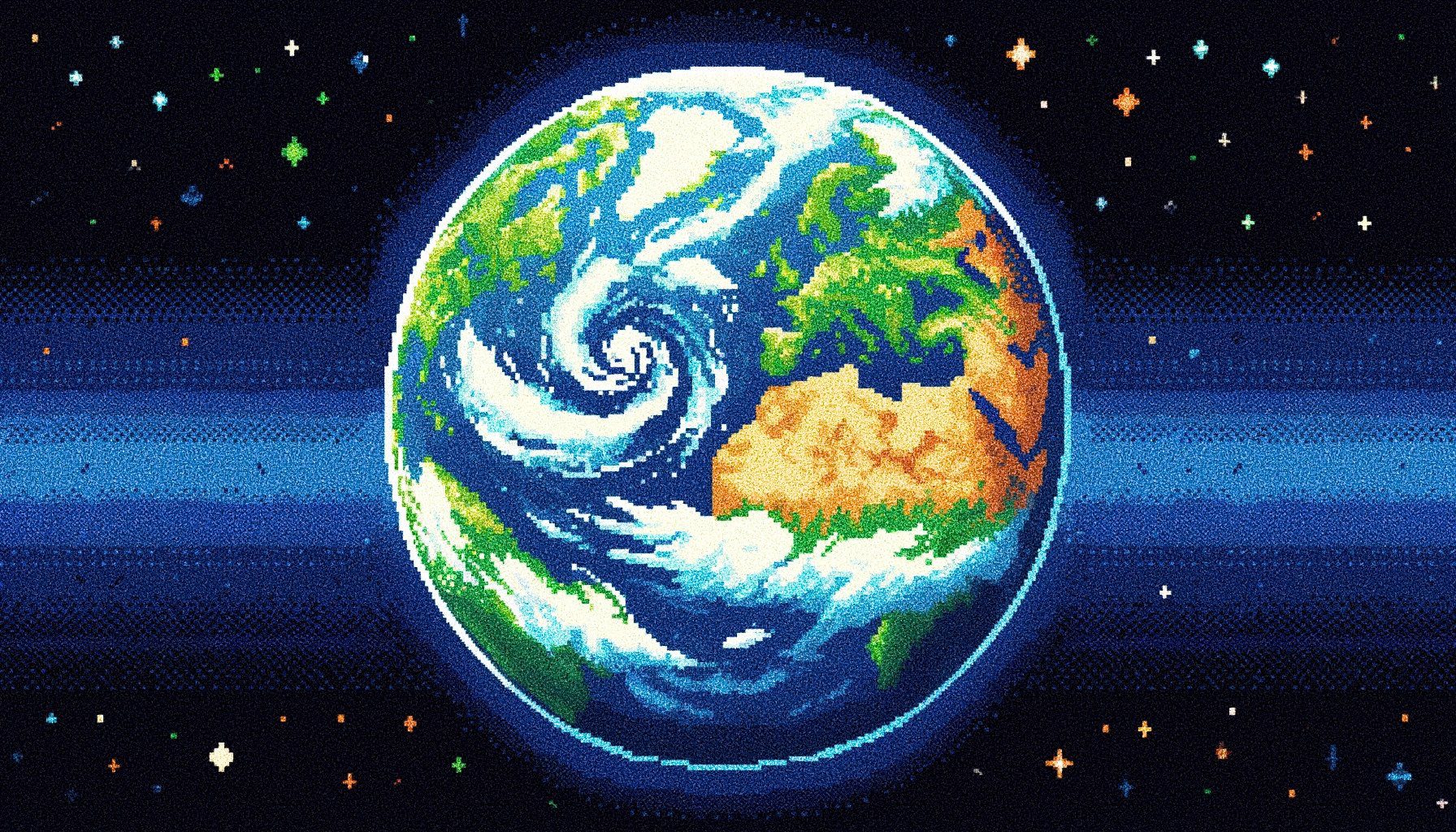Pixel art graphic of the Earth from space with stars, representing Earth Day 2024.