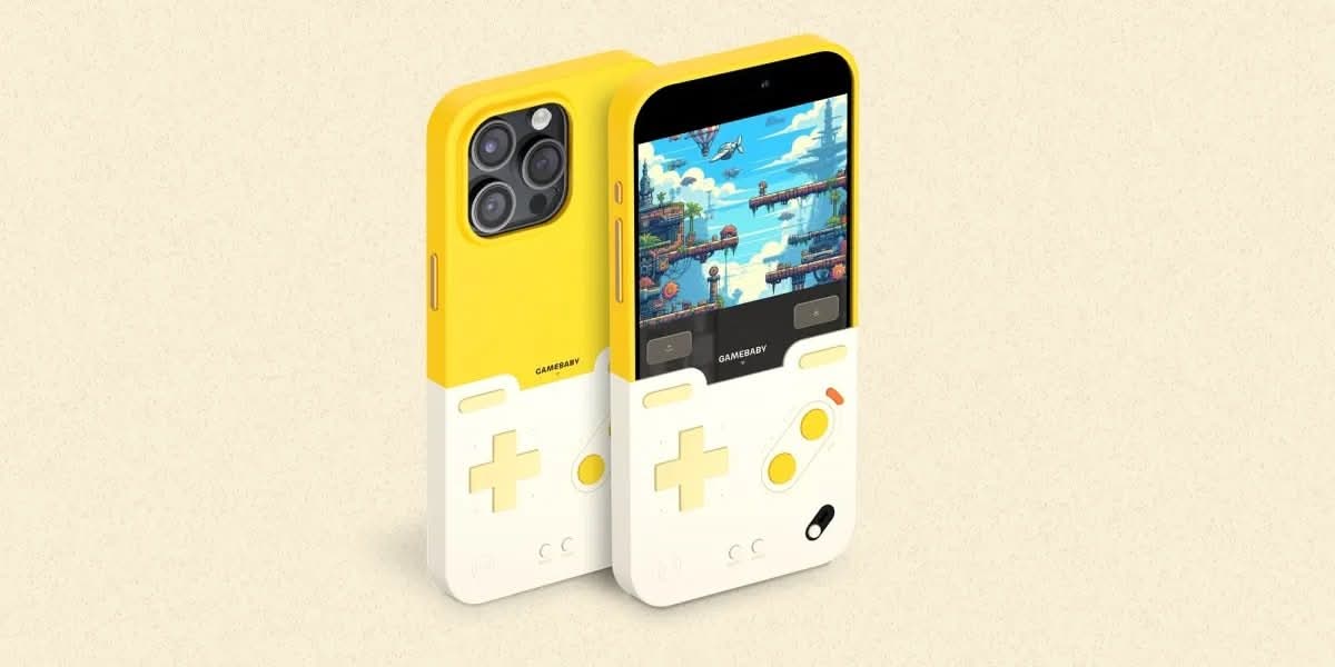 Yellow and white GameBaby iPhone case transforming into a retro gaming setup with on-screen pixel game.