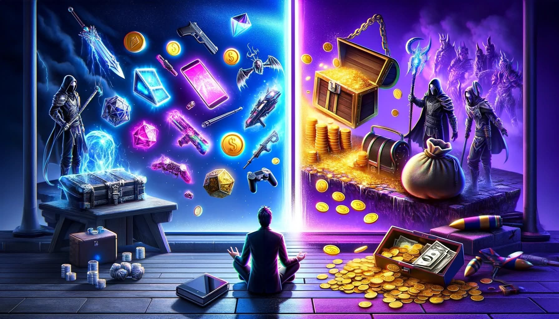 Fantasy art depicting gaming microtransactions with virtual items and currency split between contrasting realms, and a person meditating.