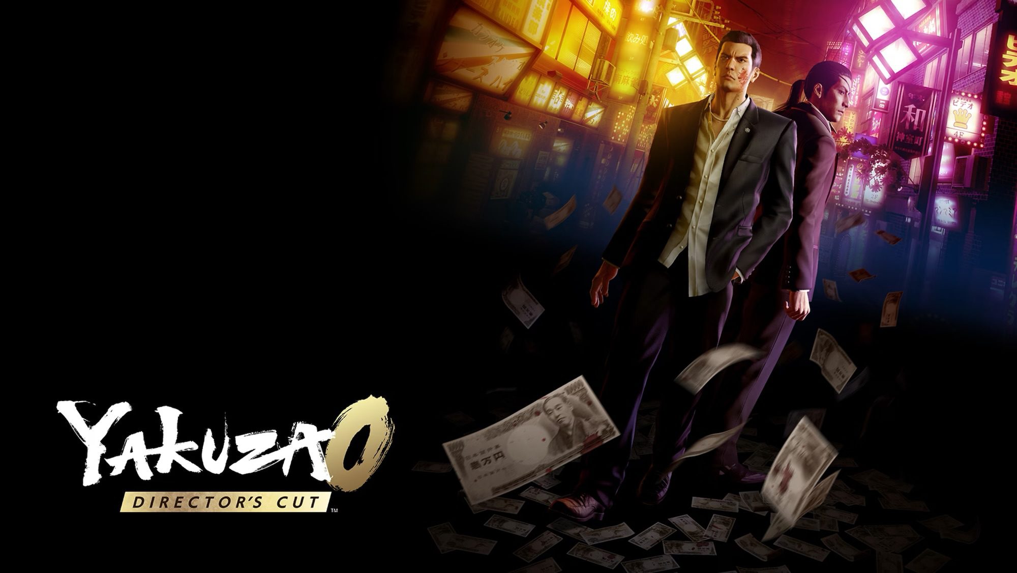 Cover art for Yakuza 0 Director's Cut featuring two characters in suits with money floating around them.