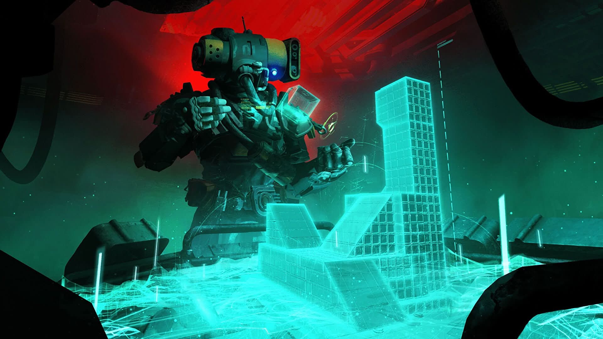 Artwork from the game Meet Your Maker showing a large robot figure looking at a holographic projection of a futuristic building.