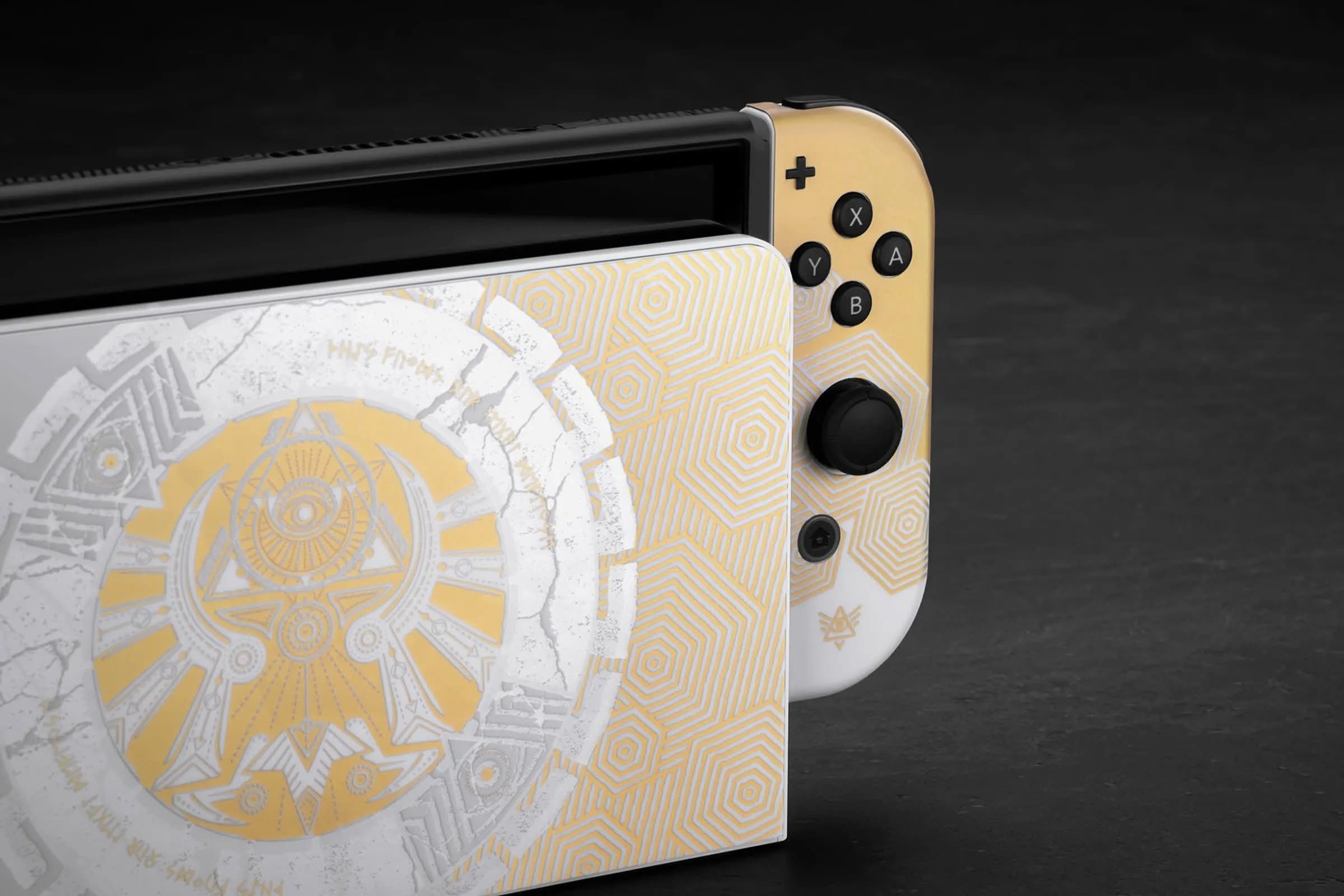 Close-up front view of the Nintendo Switch OLED The Legend of Zelda: Tears of the Kingdom special edition console and Joy-Con.
