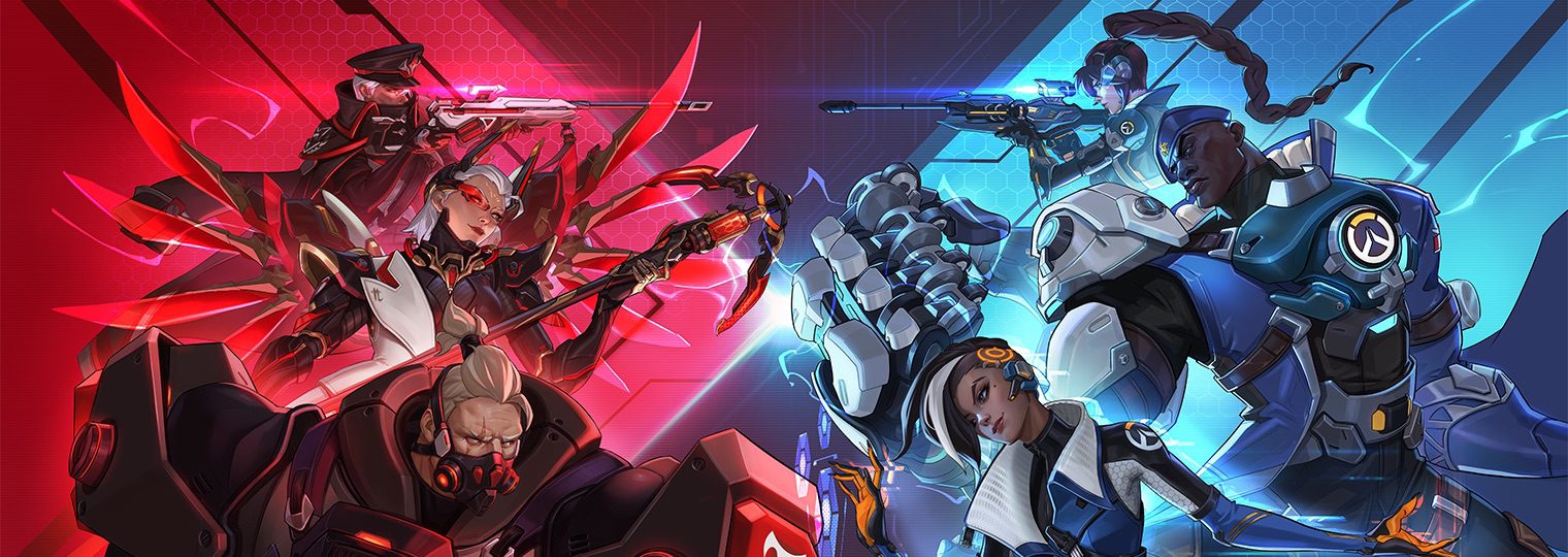 Overwatch 2 Mirrorwatch event promotional art showing heroes and villains in alternate, mirrored appearances split between red and blue sides.