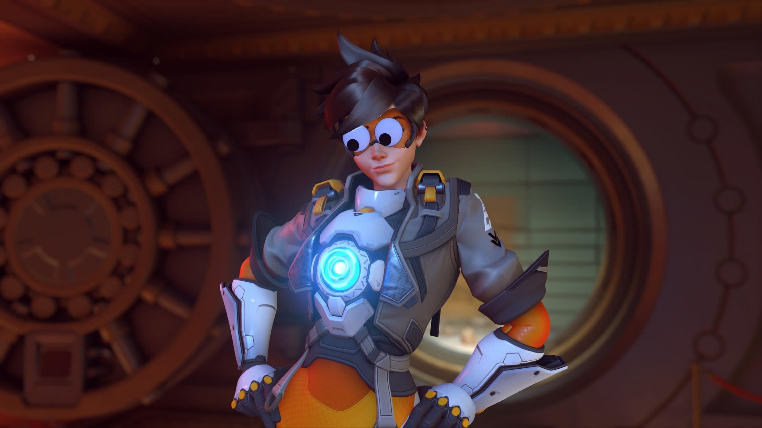 Render of the Overwatch 2 character Tracer looking downwards with a wide-eyed expression