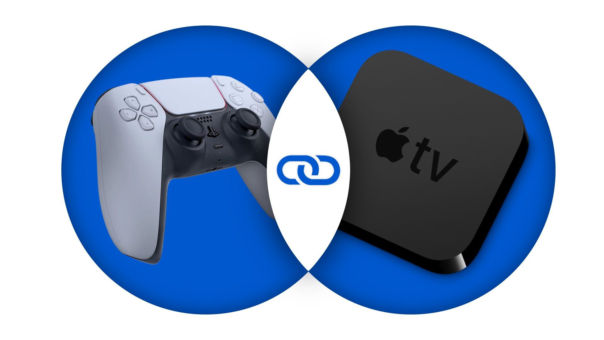PS5 DualSense controller and Apple TV connected side by side with a link icon between them