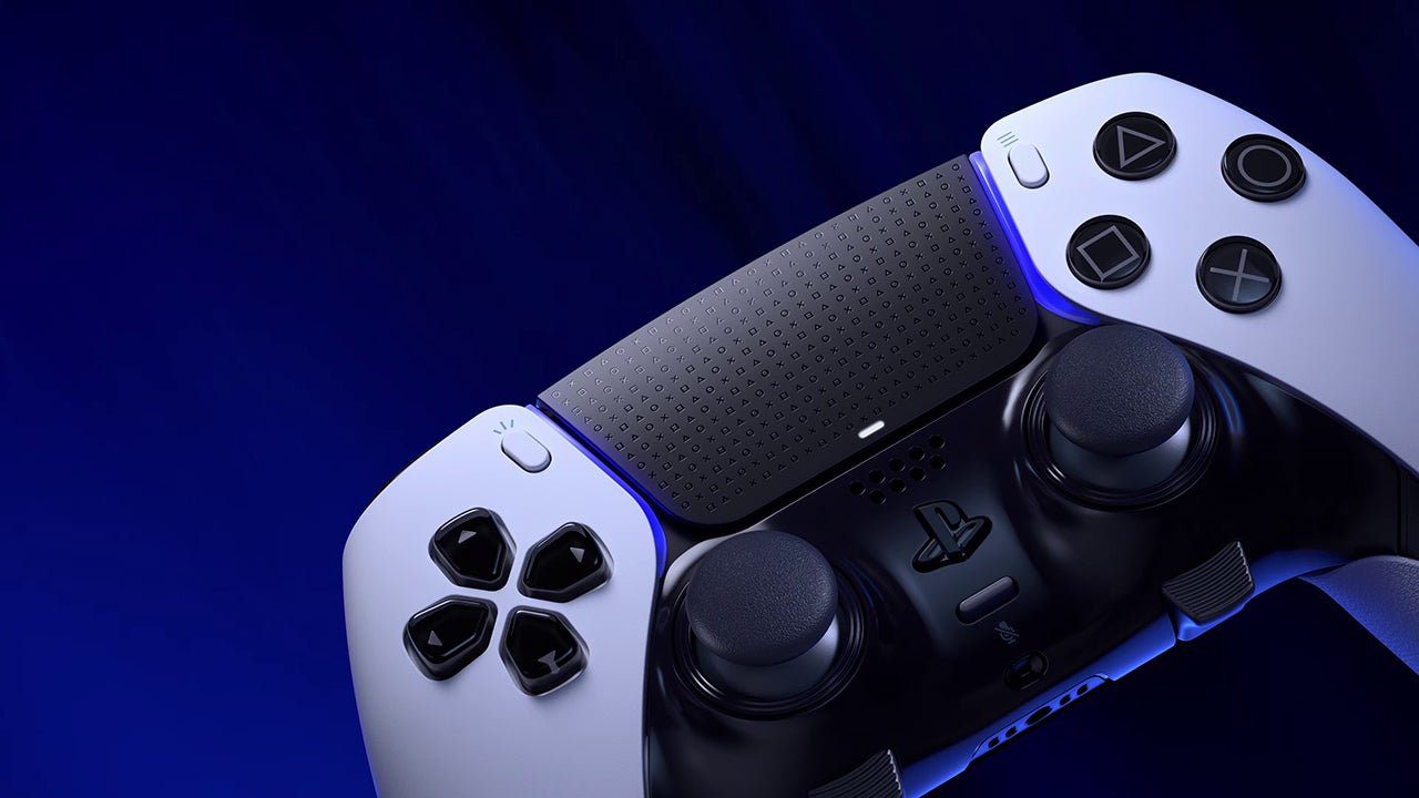 Close-up of the PlayStation 5 DualSense Edge controller showing the textured touchpad and illuminated buttons on a blue background