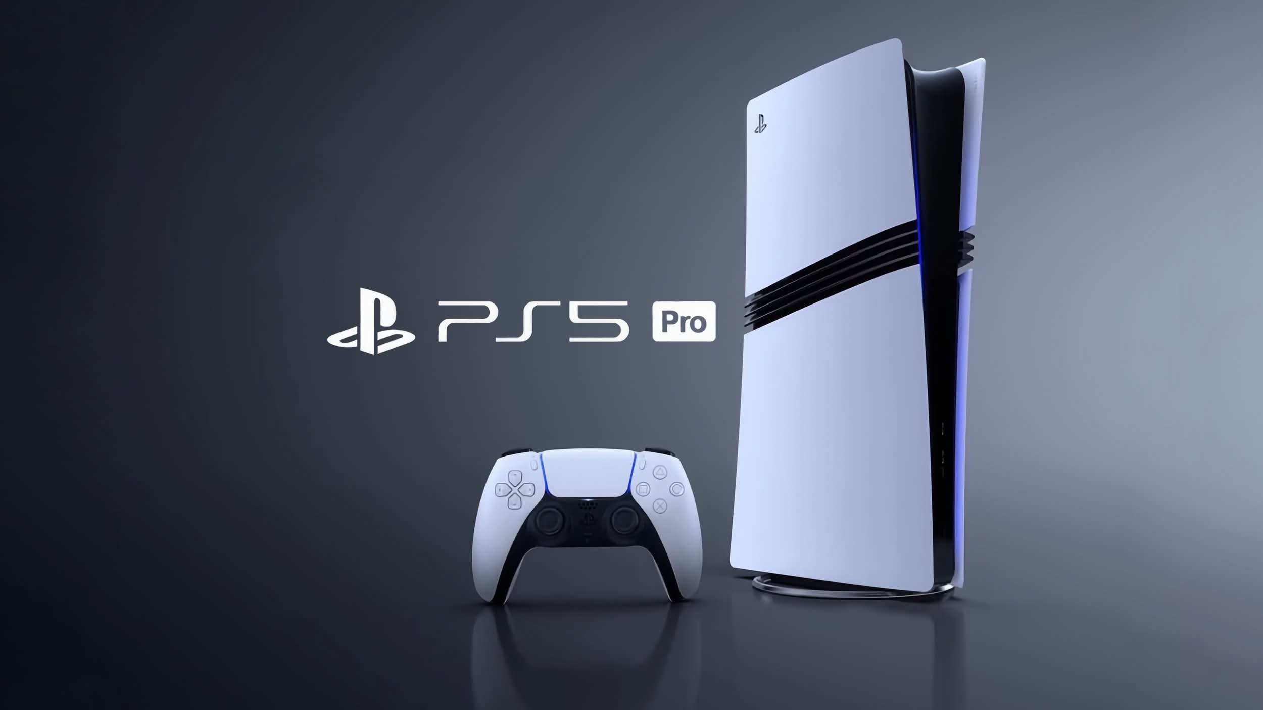 PlayStation 5 Pro console standing next to a DualSense controller on a dark background