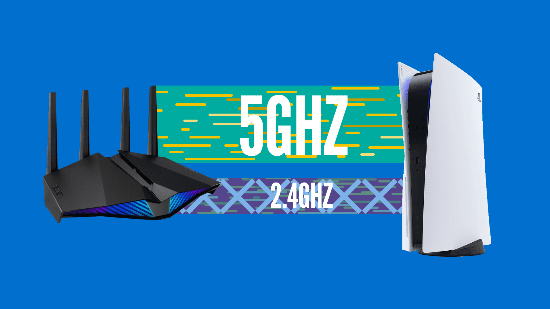 Side-by-side comparison of a router and PS5 showing 5GHz and 2.4GHz network performance