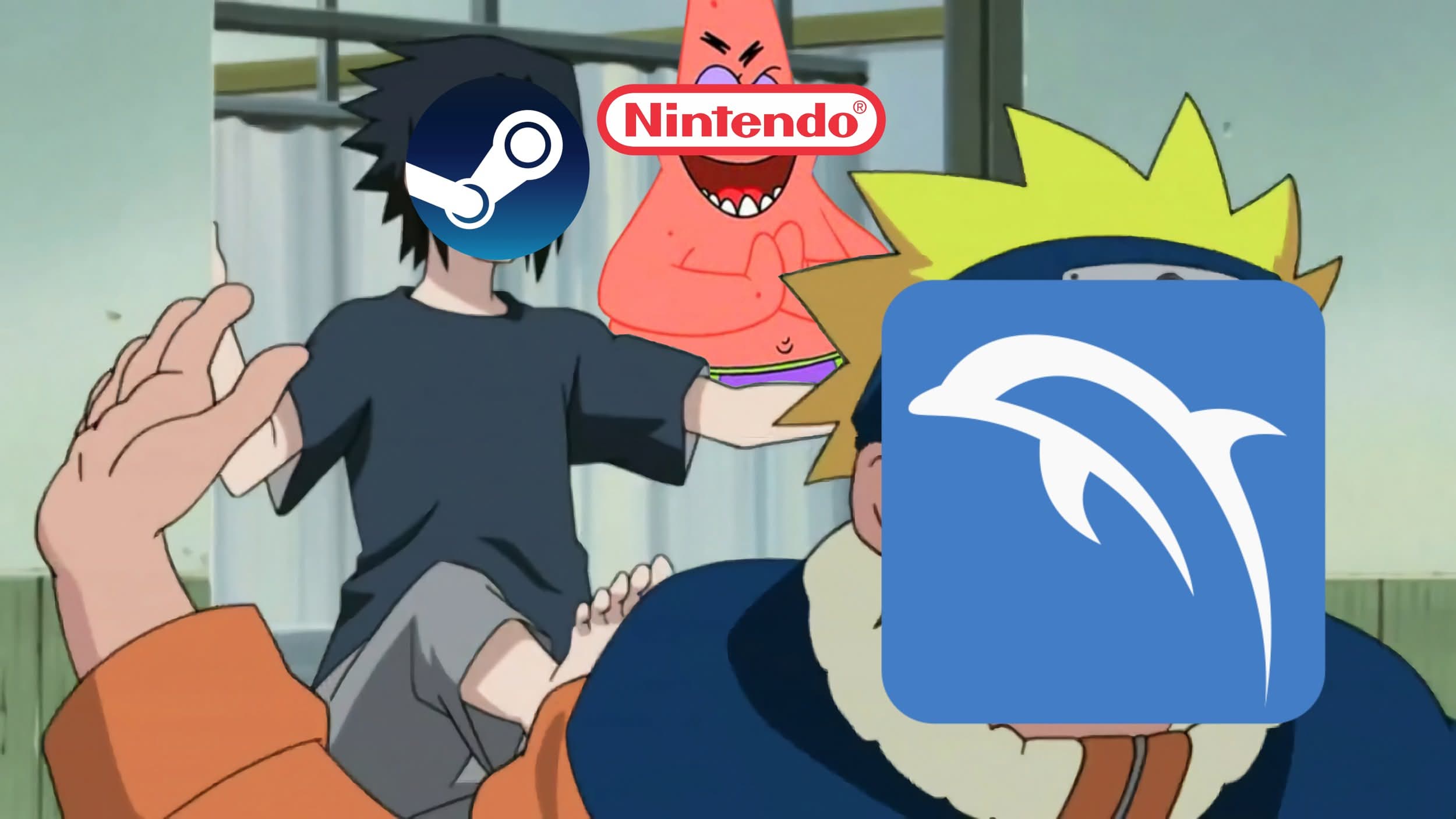 Gaming meme showing characters from Naruto and Patrick Star with Steam, Dolphin Emulator, and Nintendo logos superimposed, representing emulation conflict.