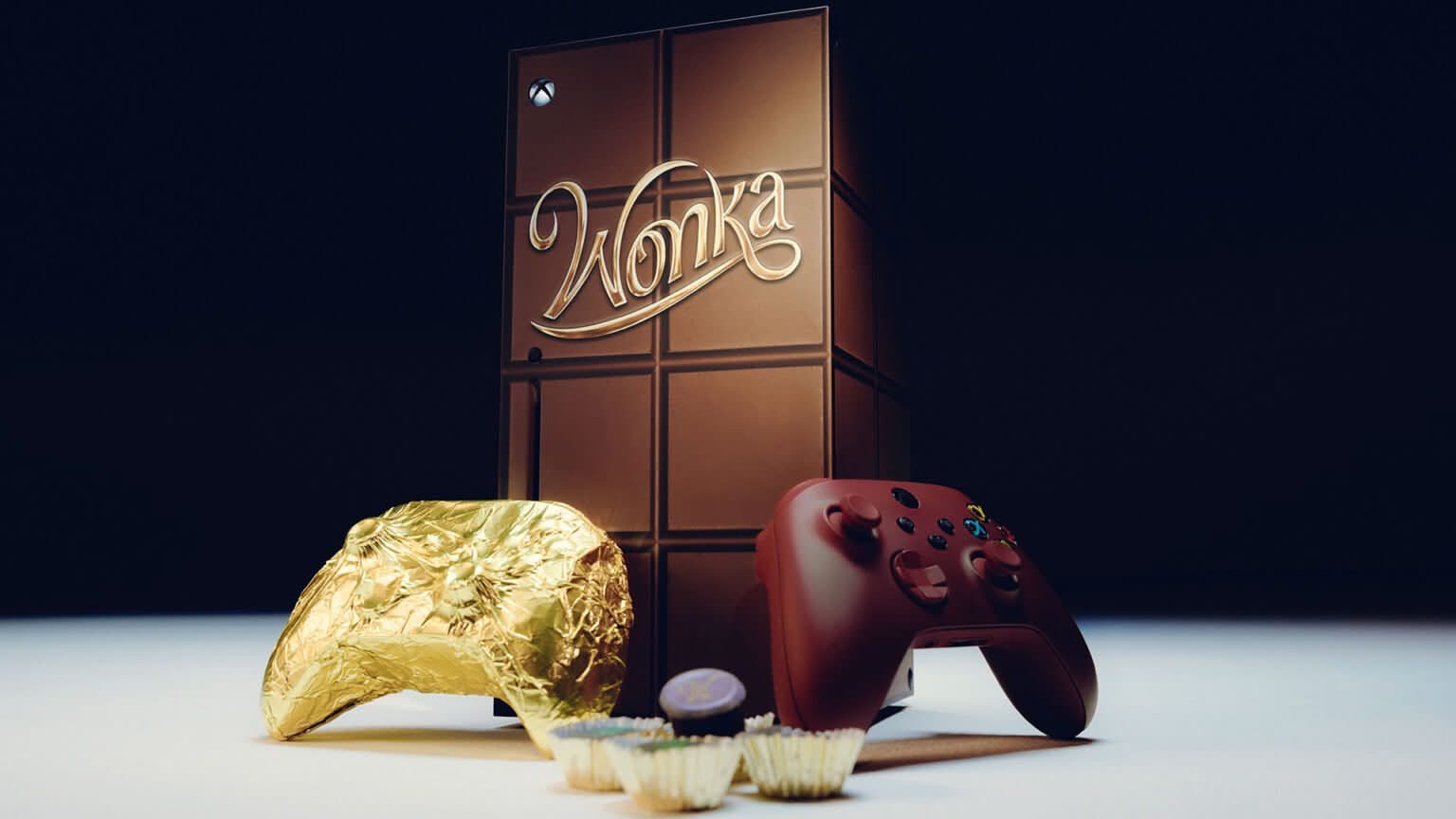 Special edition Xbox Series X console and controller themed after Willy Wonka, made to look like chocolate bars.