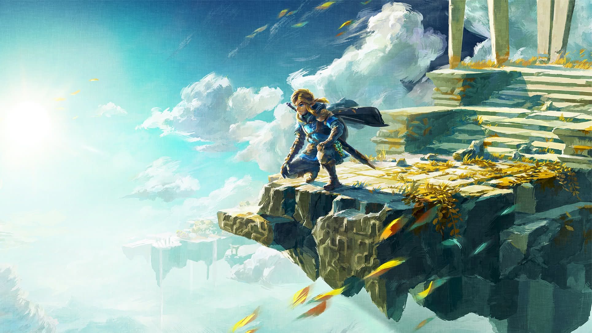 Official artwork for The Legend of Zelda: Tears of the Kingdom showing Link standing on a floating island looking out over the landscape.